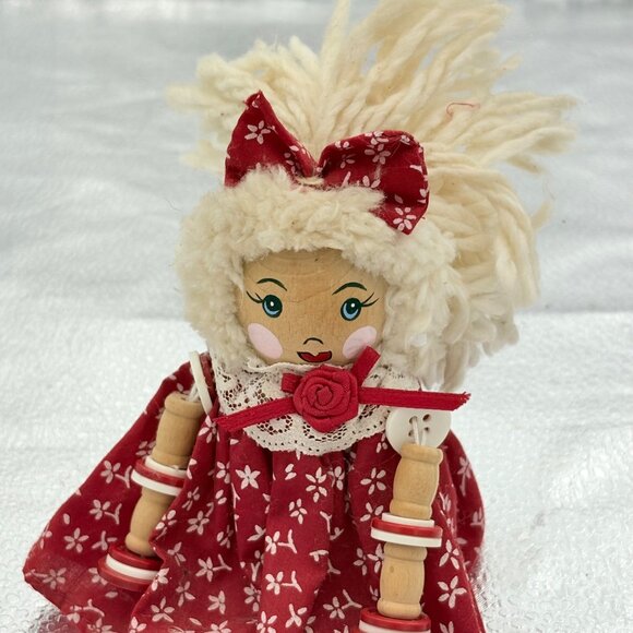 VTG Handcrafted Wooden Rag Doll With Red Floral Dress & Yarn Hair Button Legs 7" - Picture 6 of 11